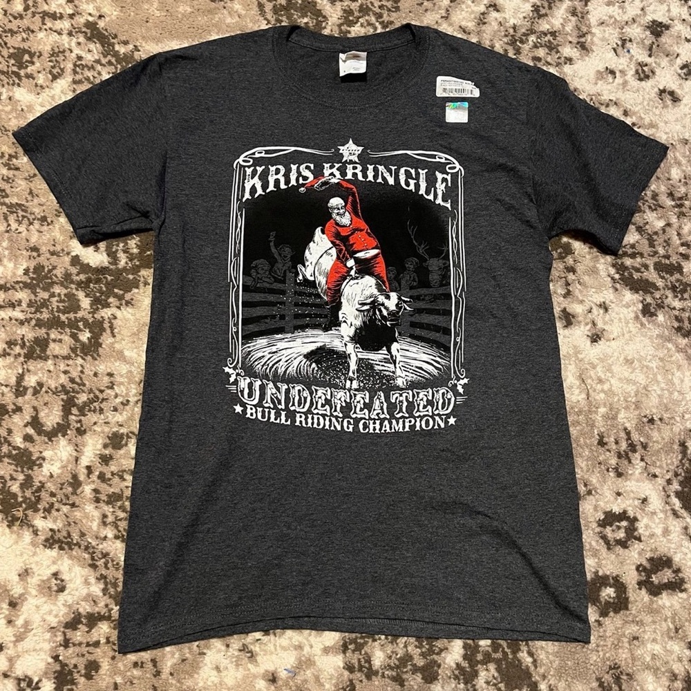 PBR Christmas Santa bull riding Tshirt adult size Small, gray